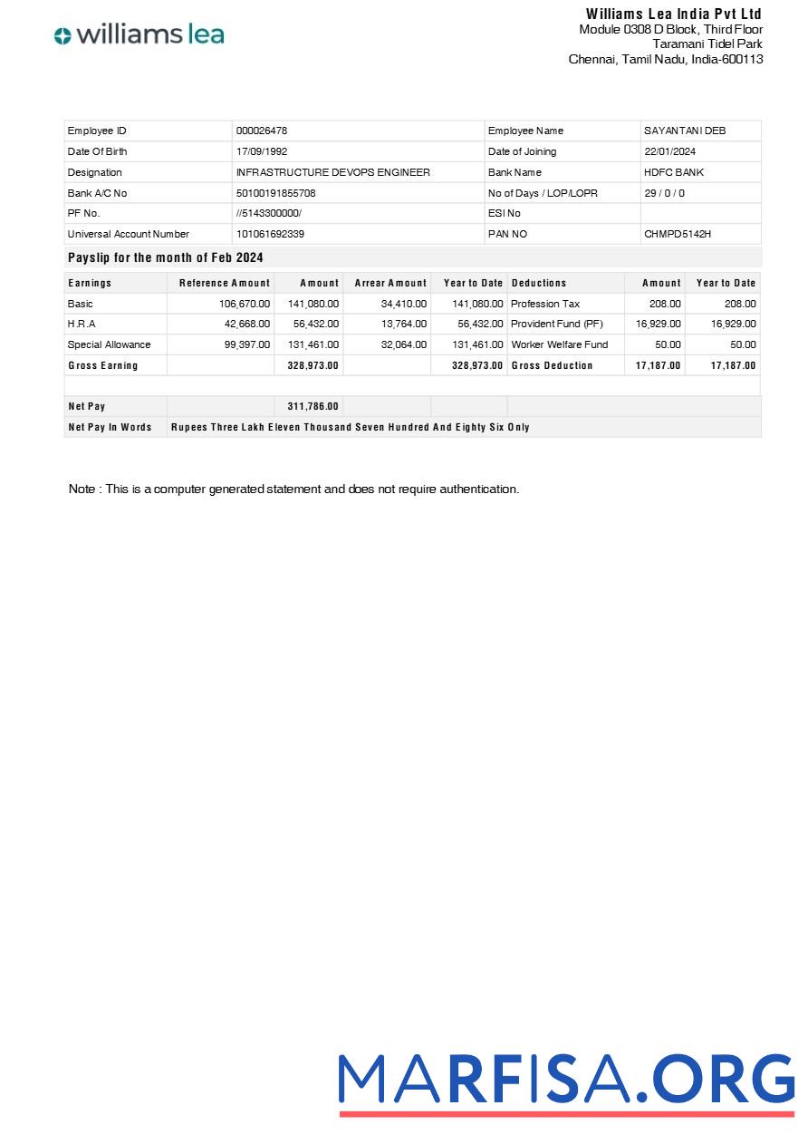 Realistic Williams Lea India corporate office payslip example